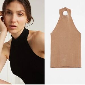 DÈLUC Olivia Sleeveless Mock Neck Halter Top in Nude Size XS Ribbed Fitted Knit